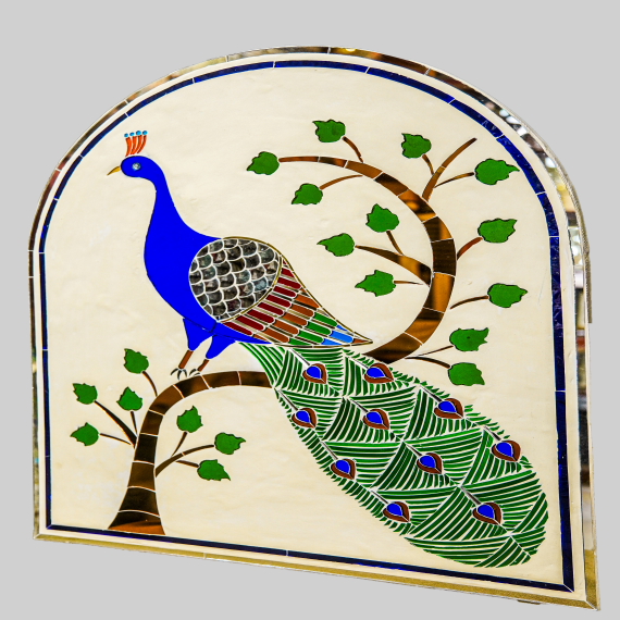 Elegant Peacock Thikri Glass Art Wall Decor - Detail View